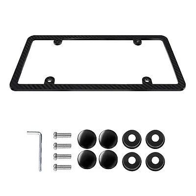 Black Car Carbon Fiber License Plate Frame 4 Holes Screw Caps Universal USA Size • $10.99