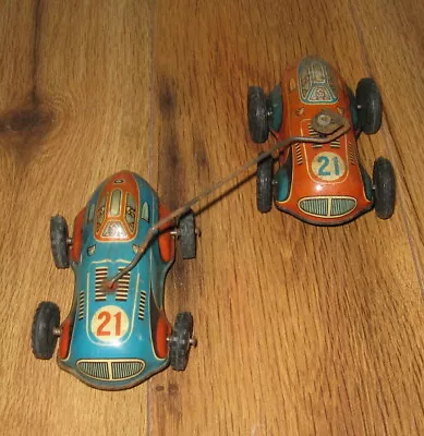 VTG 1950s PHILIPP NIEDERMEIER TIN WIND-UP TOY TANDEM RACE CARS #21 GERMAN RARE • $124.99