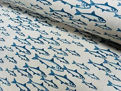 Sardine Fish Fabric Nautical Linen Look Marine Home Decor Curtain 140cm Wide • £11.50
