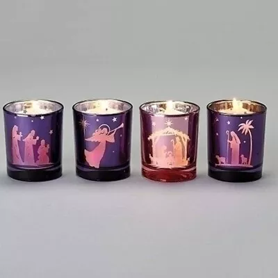 Nativity Scene Purple And Pink Advent Votive Candle Holders 3 1/4 Inch 4 Piece • $34.84