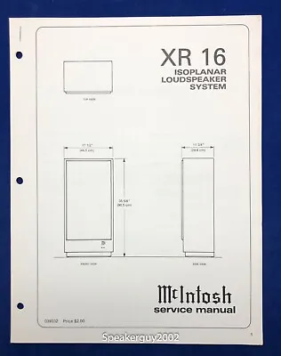 Original McIntosh XR16 / Speaker System Service Manual • $19.95