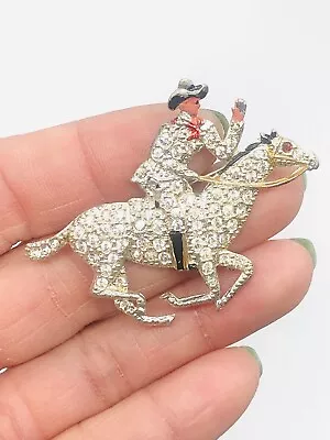 Vtg Unmarked Old Pot Metal Clear Rhinestones Cowboy Racing Horse Pin Brooch • £27.55