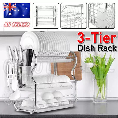 3-Tier Kitchen Dish Rack Bowl Cup Drying Drainer Tray Cutlery Holder Storage OZ • $31.15