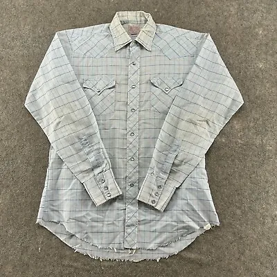 VTG H Bar C Shirt Mens 16 Blue Plaid Pearl Snap Long Sleeve Cotton Western 90s • $6.97