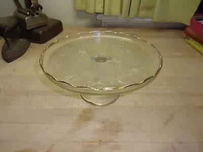 Vintage Jeanette Glass Harp Etched Gold Scalloped Rim Cake Stand Plate Pedestal • $6.99