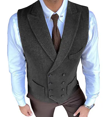 Mens Double-Breasted Vest Vintage Notch Lapel Herringbone Tweed Waistcoat S-3XL+ • $32.98