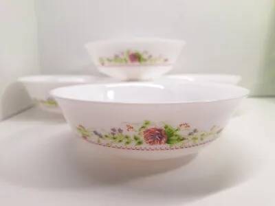 Vintage Arcopal France Floral Pattern Milk Glass Cereal Bowls 6.25” Set Of 4 • $38.50