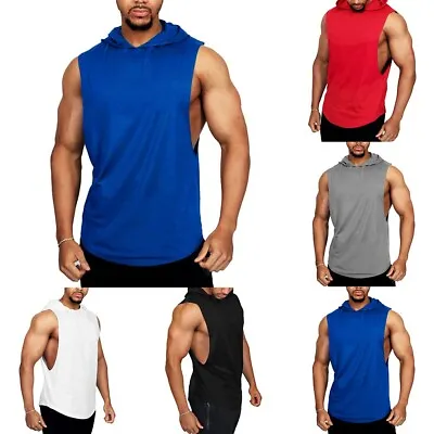 Men's Fitness Hooded Sleeveless Tank Top Muscle T Shirt Gym Bodybuilding • £15.79