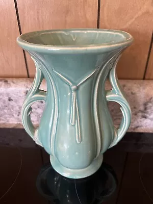 McCoy Turquoise RIBBON 12” DOUBLE HANDLE VASE 🔥1940-1960’s Vintage🔥HTF🔥 • $0.99