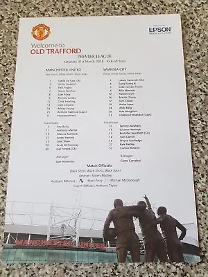 TEAMSHEET PREMIER LEAGUE MAN UTD V SWANSEA 31st Mar 2018 • £1.29