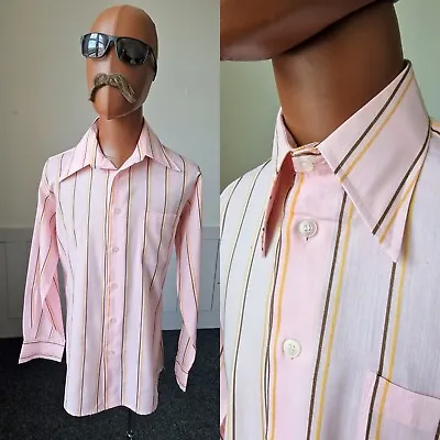 Vintage 1970s Dagger Collar Shirt | Large | Pink Stripe Mod Disco BC78 • £20
