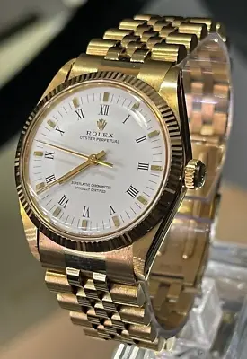 Rolex Vintage Oyster Perpetual 34mm 1605 18k Gold Jubilee White Roman DialPapers • $10900