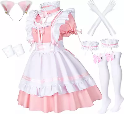 Anime French Maid Apron Lolita Fancy Dress Cosplay Costume Furry Cat Ear Gloves • $50.99