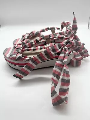 Zara Woman Red Gray White Stripe Abierto Tac Tie Strap Platform Sandals 38 NEW • $29.99