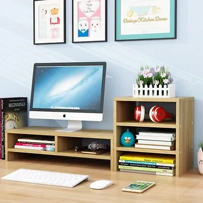 Wooden Desk Monitor Riser Stand With 3Tier Storage Shelves Desktop Bookshelf • $26.99