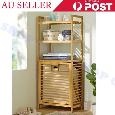 Wooden Bamboo Laundry Hamper Tilt Out Liner Bag Shelf Organizer Clothes Basket • $119.50