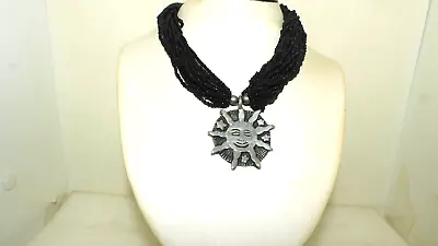 17  Multi-strand Black Glass Seed Bead Smiling Sun Metal Pendant Necklace • $1.99