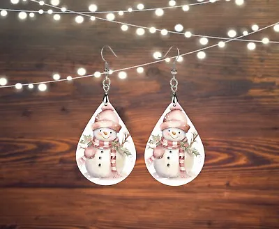 Pink Snowman Christmas Earrings Handmade Wood Tear Drop Dangle Jewelry • $14.98