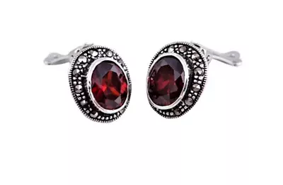 Sterling Silver Garnet & Marcasite Clip On Earrings 15x13mm • £30