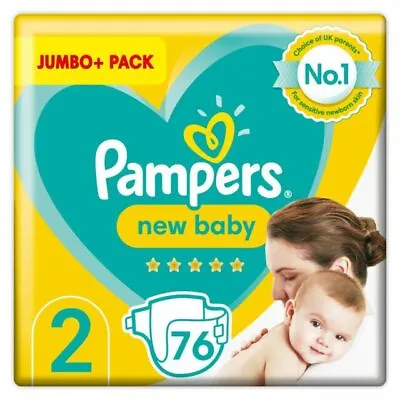 Pampers Baby Nappies Size 2 (4-8 Kg / 9-18 Lbs) New Baby 76 Count JUMBO+ PACK • £16.99