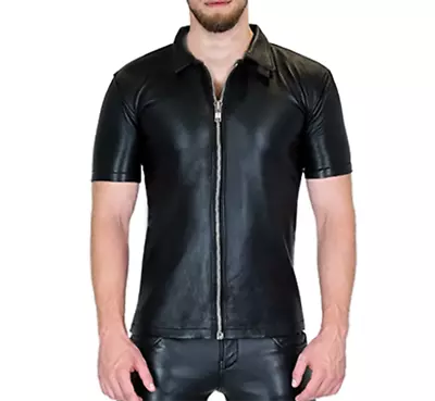 Men's Real Leather Zip Up Shirt Sexy Short Sleeve Leather Shirt With Zip Front • $99