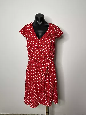 REVIEW Red Polka Dot Spotted Dress Ruffle Wrap Front Lined Size 16 • $65