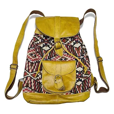 Moroccan Leather Kilim Woven Tapestry Drawstring Backpack • $34.99