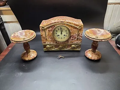 Antique Marble Garniture Clock W/ 2 Candle Holders Pink Marble And Brass • $320