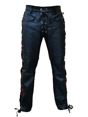 Mens Leather Jeans Black & Red Leather Front & Side Laced Biker Trousers Pant • $109.99