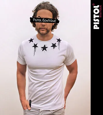 Pistol Boutique Men's White Crew Neck CHEST PAINT DRIBBLE STARS T-shirt • £22.49