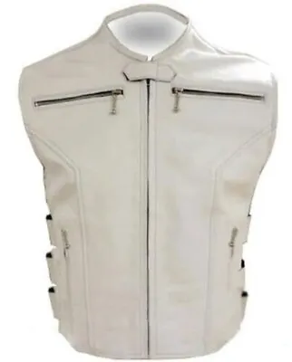 Mens Pure White Leather Vest Biker Rider Motorbike Motorcycle Waistcoat Club • $110