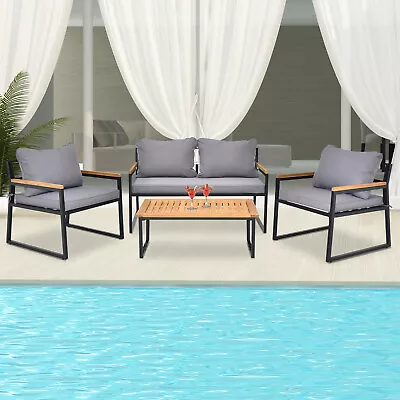 4-Piece Patio Furniture Set Metal & Acacia Wood Conversation Set With Cushions • $249.99