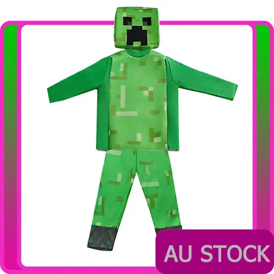 Kids Minecraft Creeper Halloween Cosplay Costume Child Boys Book Week Green Skin • $26.84