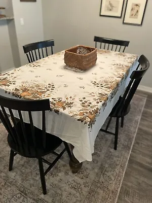 Vintage MCM 50s 60s Brown Fruit Flower Tablecloth By The Ryans Fallani Cohn. • $27