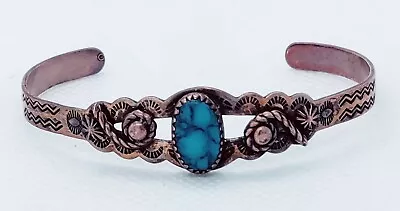 Small Vintage Signed Bell Trading Solid Copper Cuff Bracelet W/Faux Turquoise • $16.99