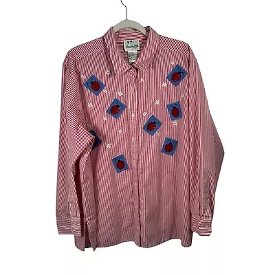 Quaker Factory Red Striped Lady Bug Embroidered Button Front Blouse Womens 2x • $24.99