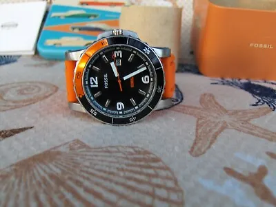 Fossil Am 4259 Sport Black Dialdate Window Orange Silicone Band & Bezel Accent • $86