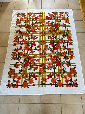 Vintage Floral Printed Tablecloth 1960's Orange Yellow Green 51  X 67  Mod • $29.99
