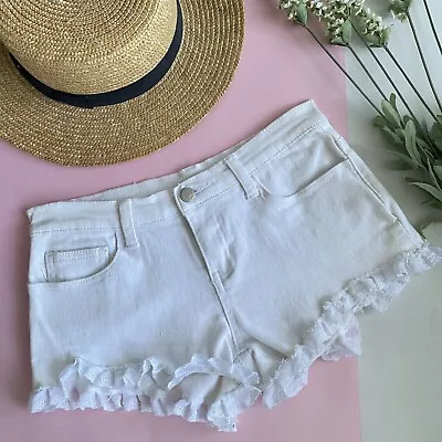 Supre White Denim Shorts Cut Offs XS 6 8 Low Rise Lace Frilly Y2K 90s Festival • $10.93