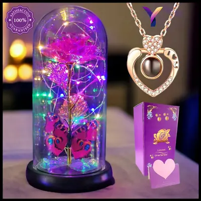Gifts For WomenLightsUp Rose In Glass Dome With  I Love You  Necklace For Dears • $27.99