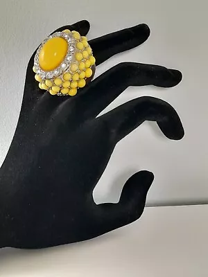 Vtg Costume Stretch Ring Yellow Mega Dome W/ Metal Band 1.25  Large  • $20