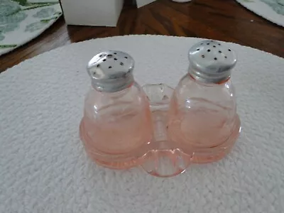 Vintage Pink Depression Frosted Grapes Salt & Pepper Shakers With Glass Holder • $5