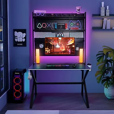 ELECWISH Gaming Desk RGB Lights Computer Table With Hutch & Shelves Workstation • $129.99