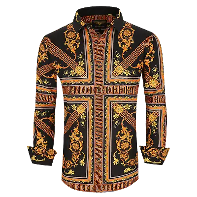 Mens PREMIERE Long Sleeve Button Down Dress Shirt BLACK ORANGE TRIBAL DESIGN 731 • $39.99