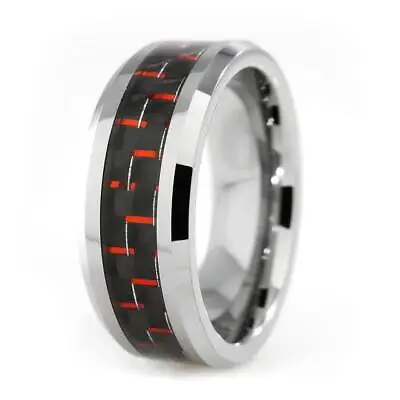 Tungsten Carbide Mens Band Black And Red Carbon Fiber Inlay 8MM Wedding Ring NEW • $19.99