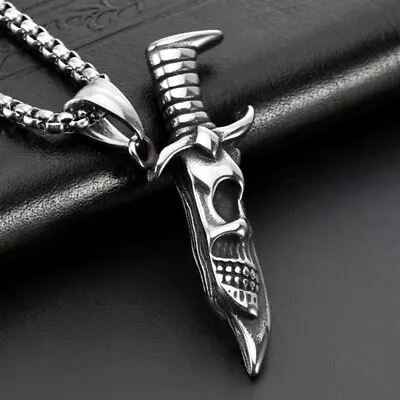 Punk Silver Skull Dagger Pendant Necklace For Men Retro Rock Jewelry Chain 24  • $8.99