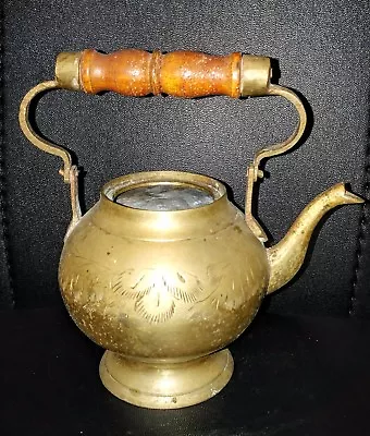 Etched Brass Small Kettle Teapot With Wooden Handle 5x3.5x5.5  Antique Vintage  • £14.47