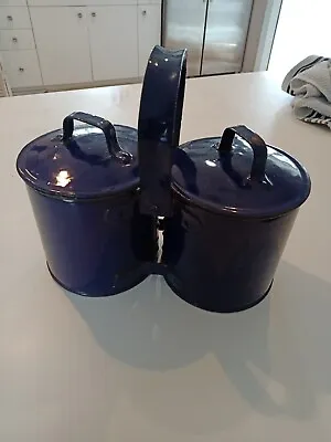  Blue & White Enamelware Berry Bucket /Lunch Pail With Lid & Handle Double  • $125