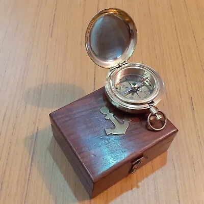 Antique Brass Push Button Mini Compass Marine Wooden Box Gift • $15