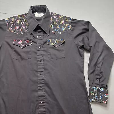 Vintage Western Shirt Mens XL Black Flowers Embroidered Cowboy 70s Button Up • $49.99